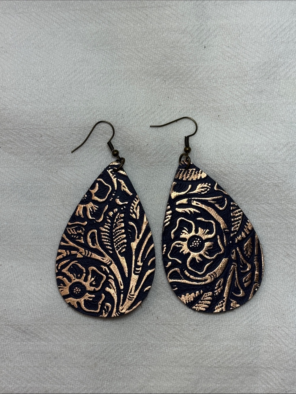 Metallic Gold and Navy Floral Teardrop Leather Earrings - Handmade in the USA